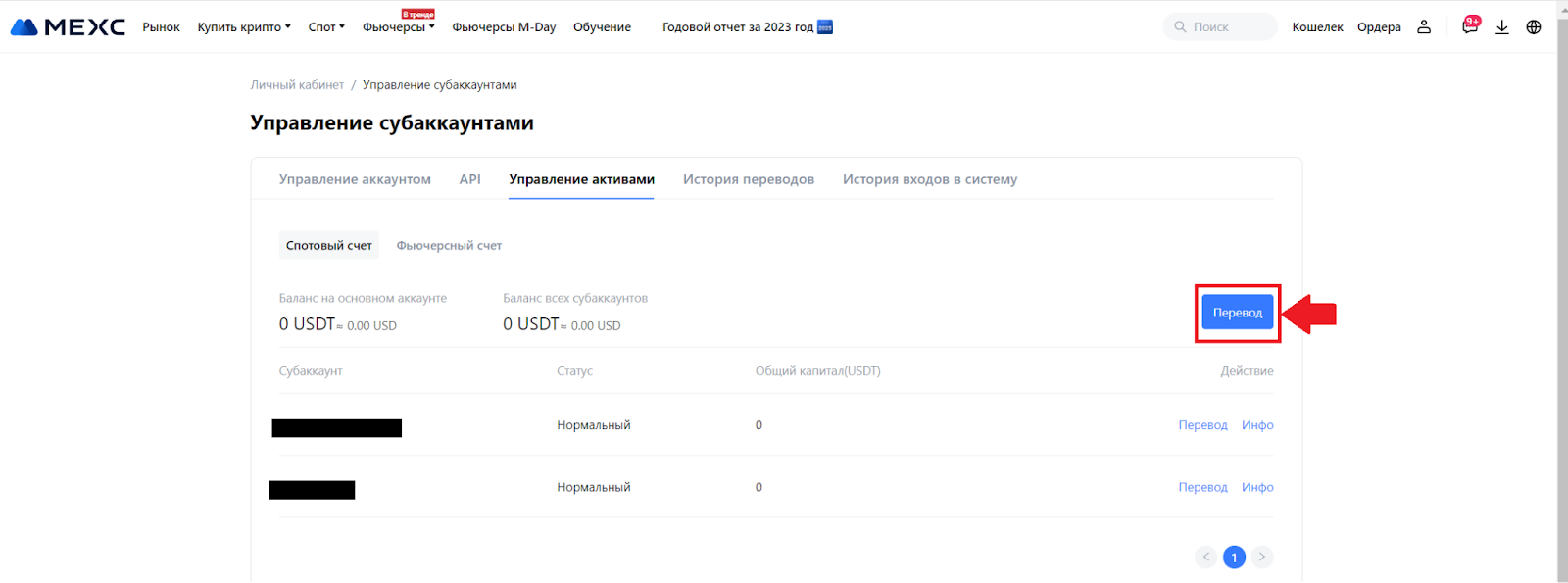 Раздел «Управление аккаунтом» на странице «Управление активами». Переход к переводу средств на субаккаунты