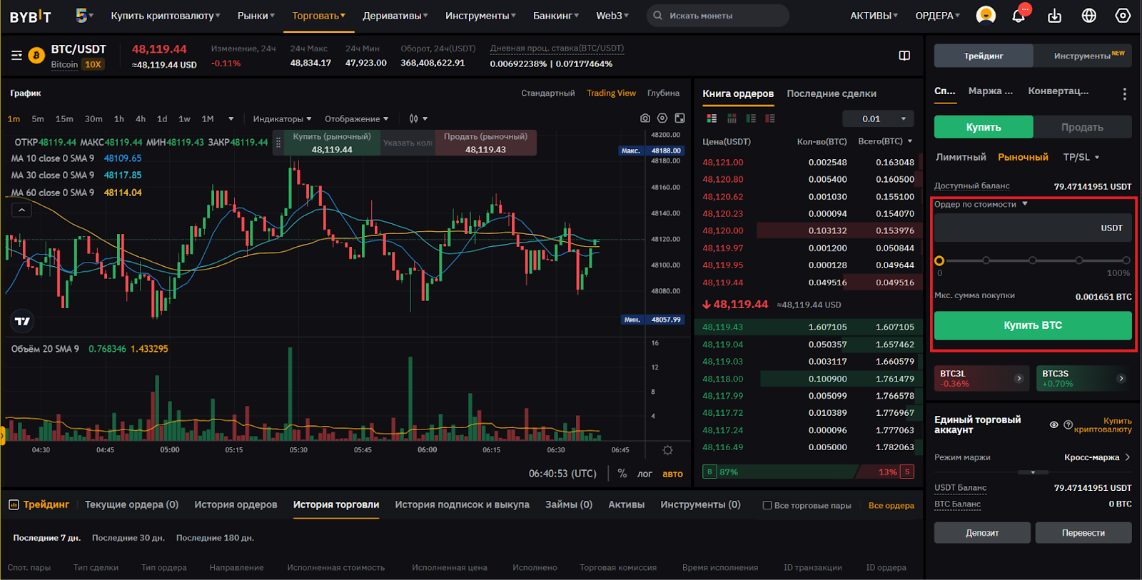 Веб-терминал для спотовой торговли Bybit. Создание рыночного ордера на покупку