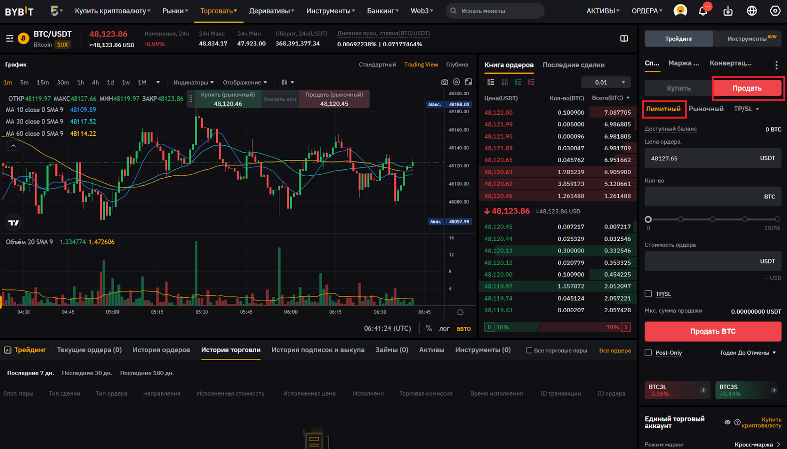 Веб-терминал для спотовой торговли Bybit. Лимитный ордер на продажу