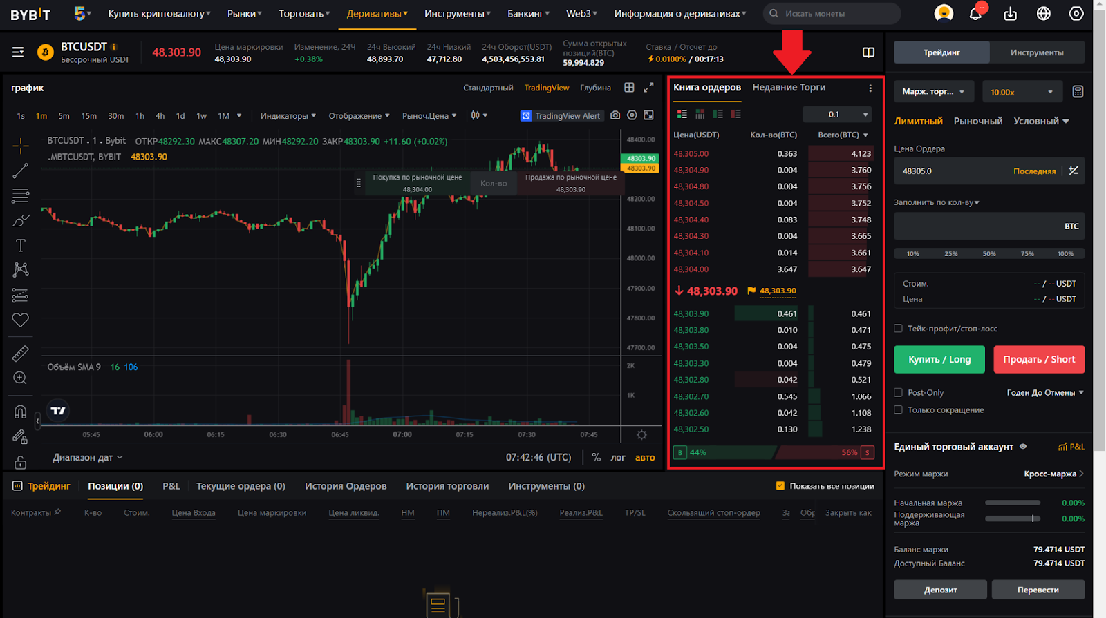 Веб-терминал для фьючерсной торговли Bybit. Книга ордеров