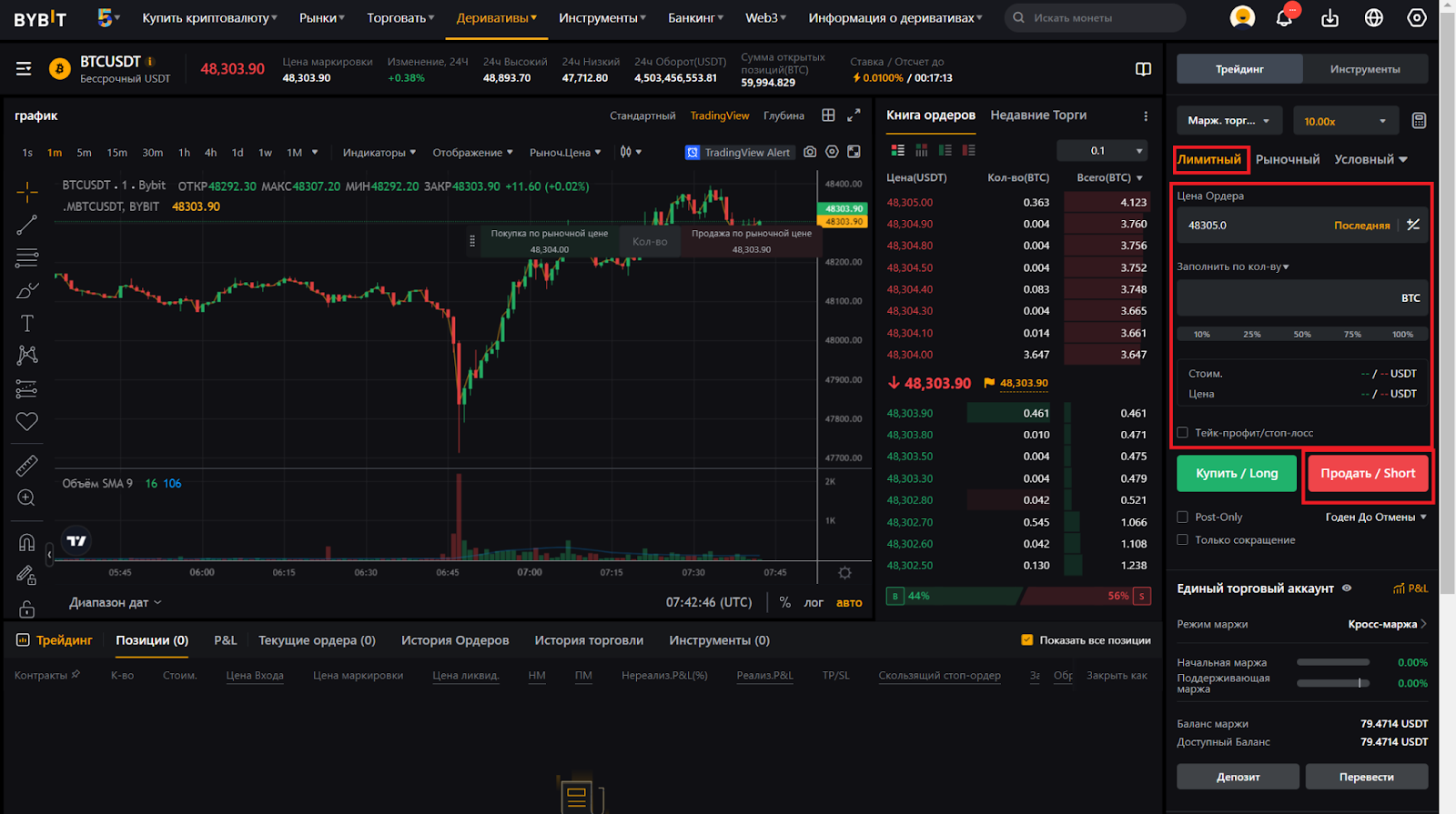 Веб-терминал для фьючерсной торговли Bybit. Лимитный ордер на продажу