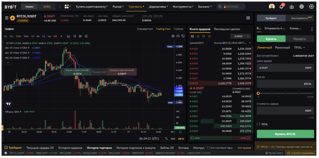Торговый интерфейс, открыт токен с кредитным плечом BTC3L
