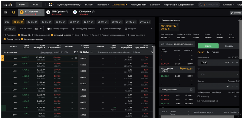 Торговый интерфейс рынка опционов Bybit