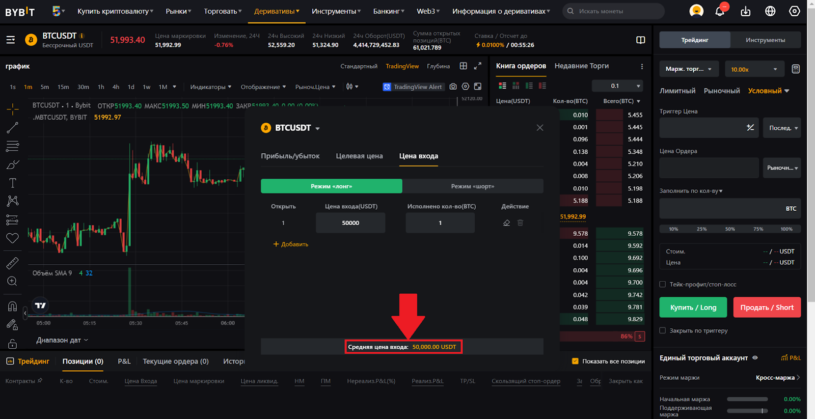 Калькулятор Bybit. Средняя цена входа по одному ордеру