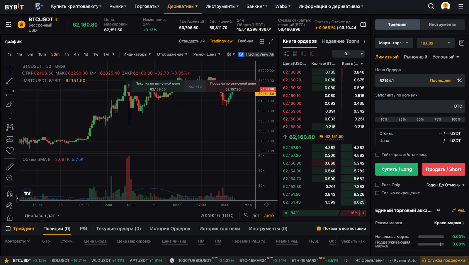 интерфейс Bybit, веб-терминал для стратегии среднесрочного трейдинга на Bybit