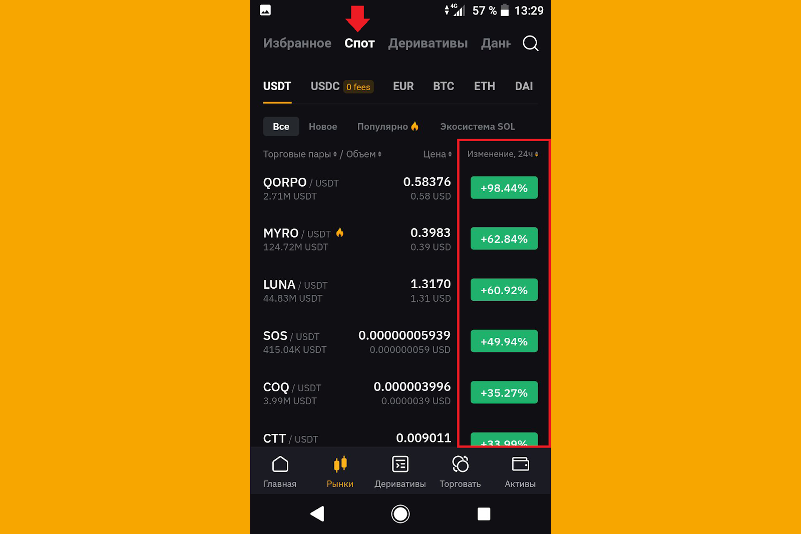 Как найти волатильные монеты в приложении биржи, Bybit