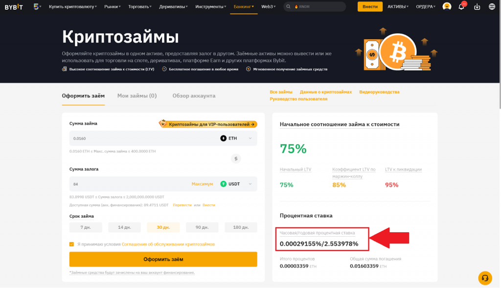 Криптозаймы на Bybit. Процентная ставка
