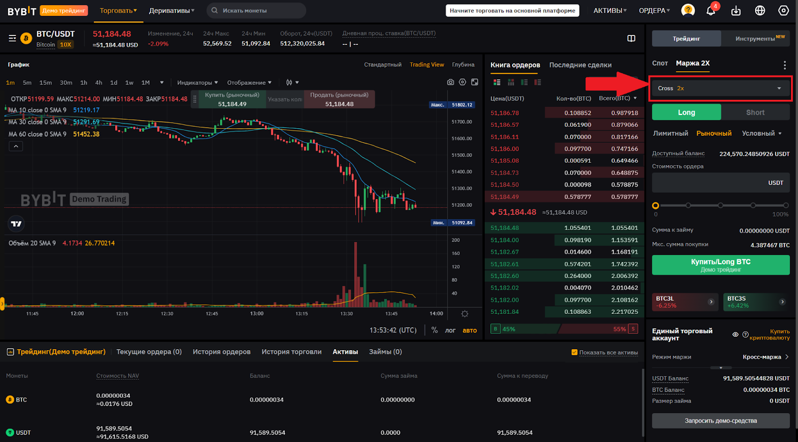 Веб-терминал для маржинальной торговли Bybit в демо-режиме. Режим маржи, кредитное плечо