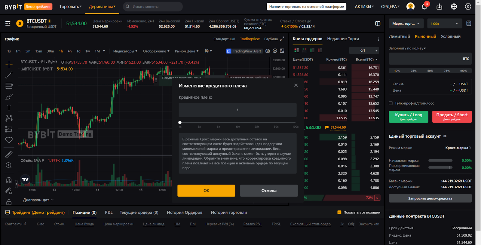 Веб-терминал для фьючерсной торговли Bybit в демо-режиме. Кредитное плечо