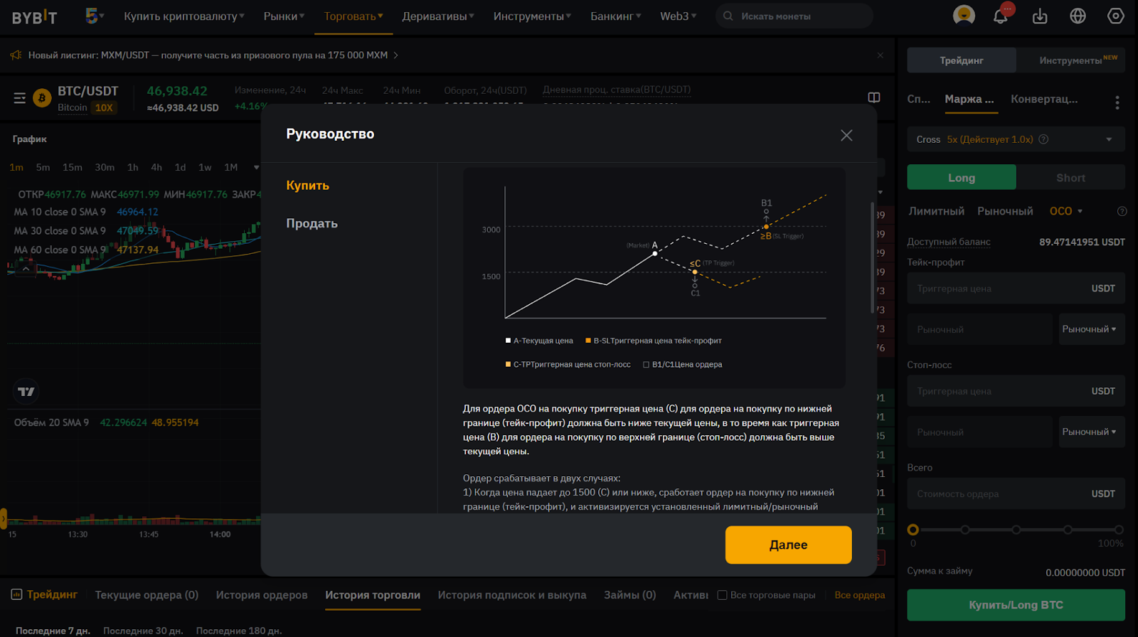 Ордер OCO на покупку на Bybit. Схема, описание