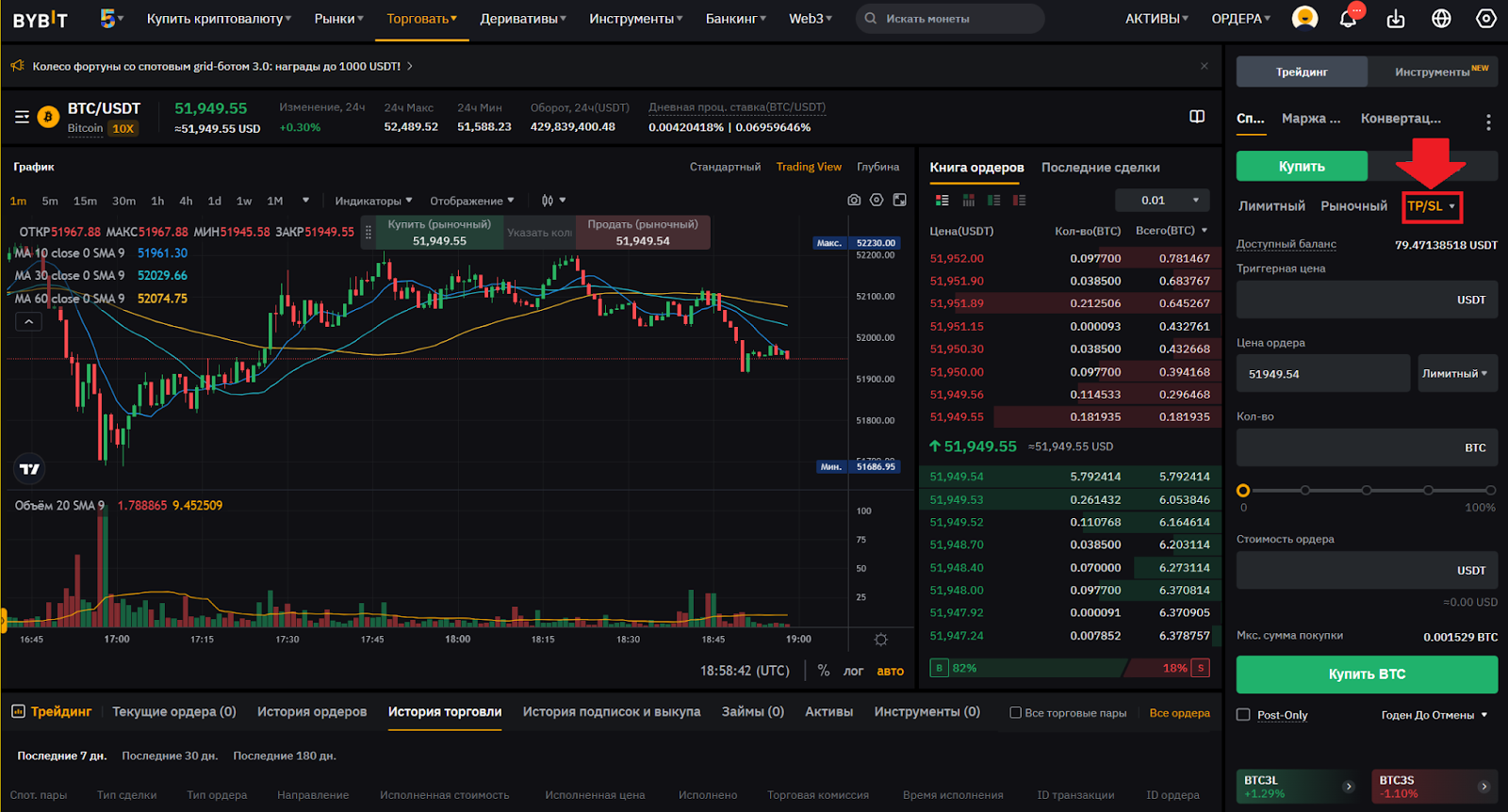 Веб-терминал для спотовой торговли Bybit. Ордер TP/SL