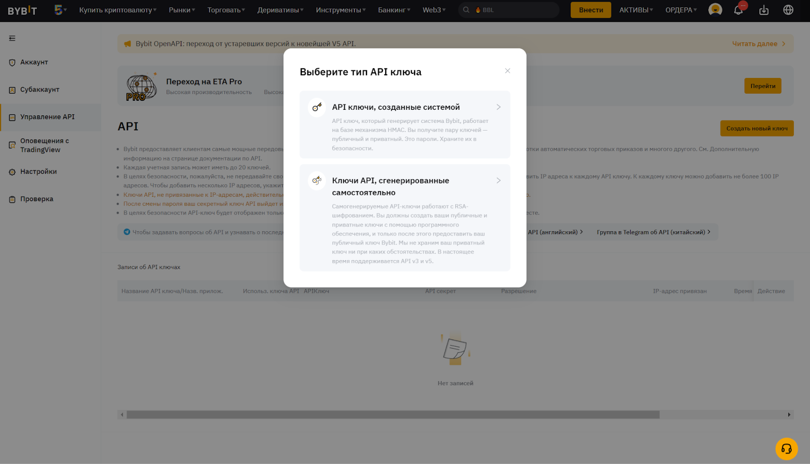 Типы API Key на Bybit