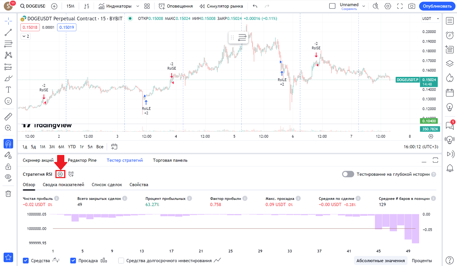 Тестер стратегий на TradingView. Переход к настройкам