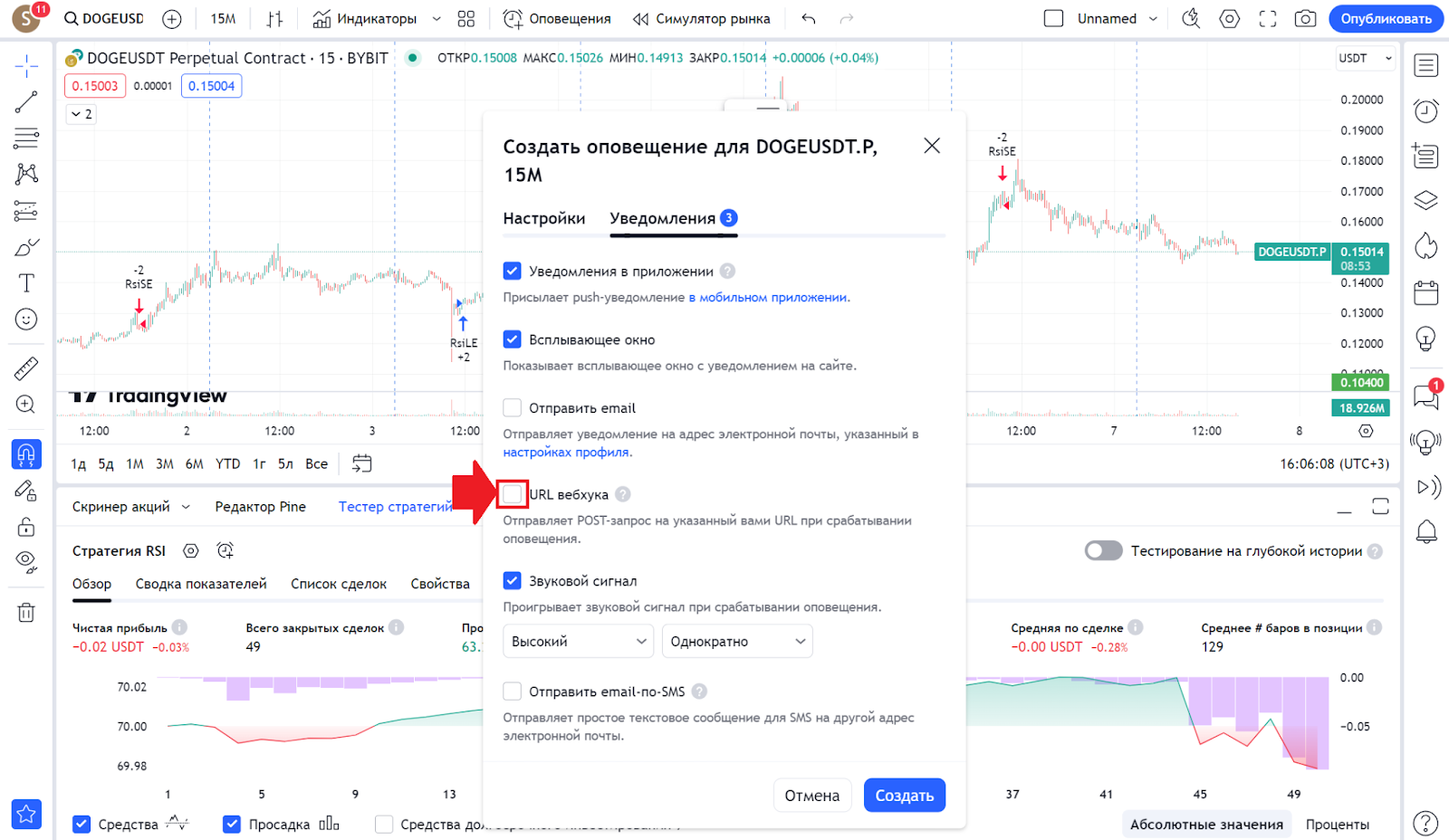Тестер стратегий на TradingView. Добавление URL веб-хука