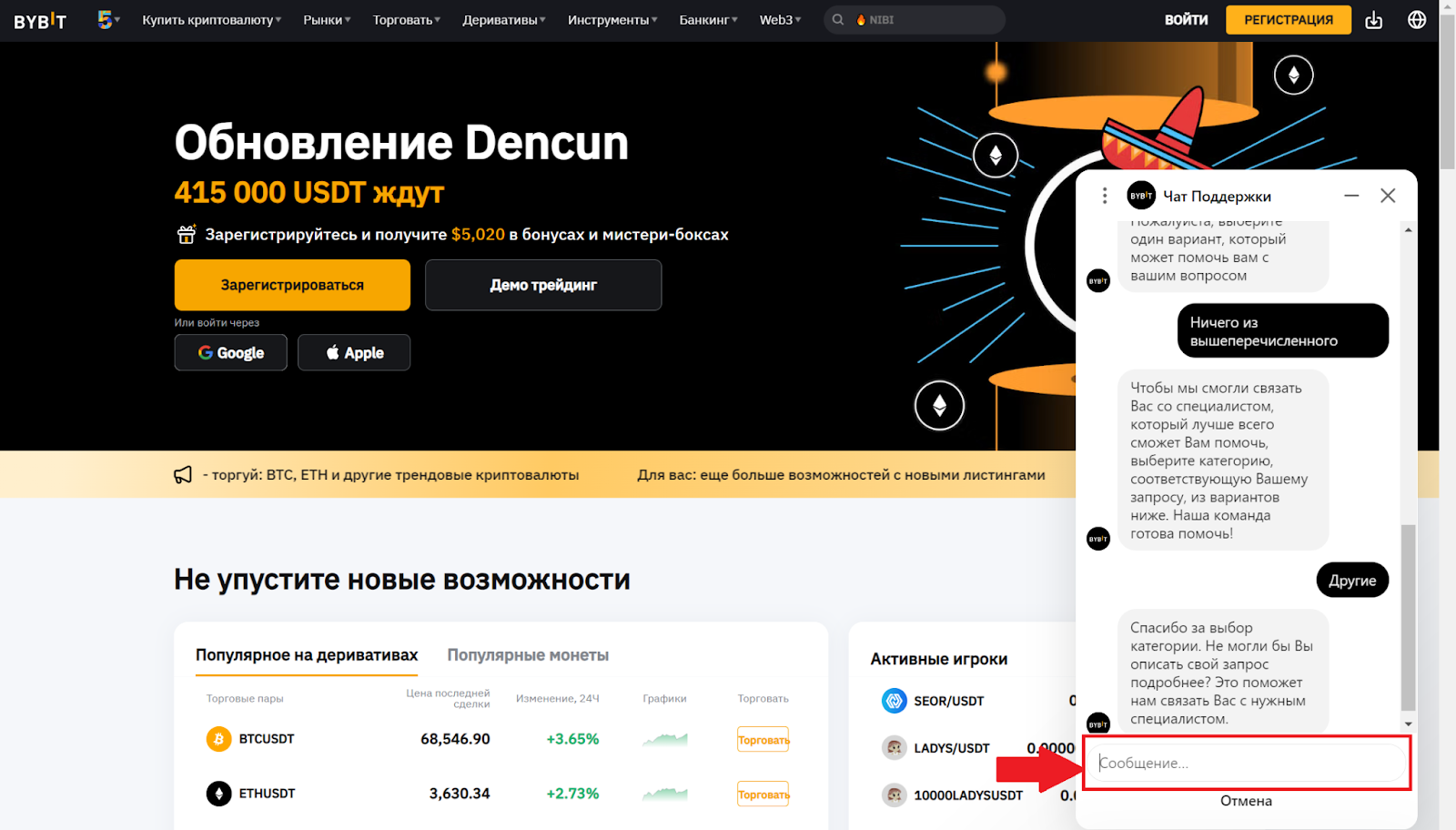 Описание проблемы при обращении к службе поддержки Bybit в онлайн-чате
