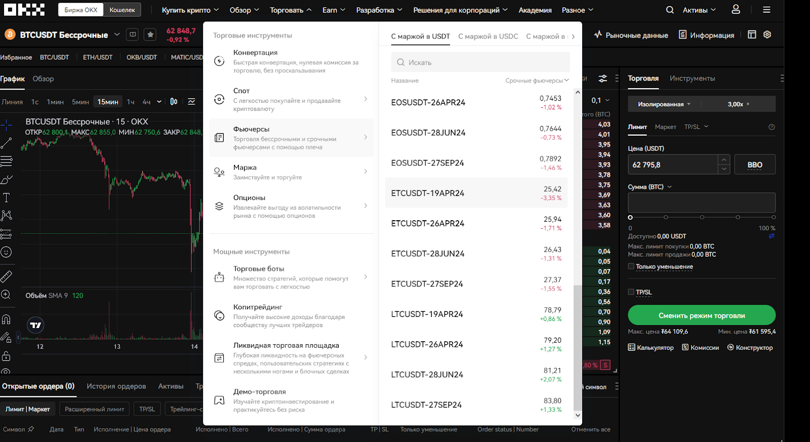 okx биржа фьючерсы usdt, интерфейс okx