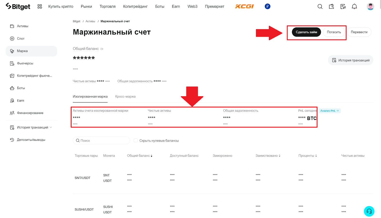 Маржинальный счет Bitget. Статистика по собственным и заемным активам. Заимствование средств и погашение долга