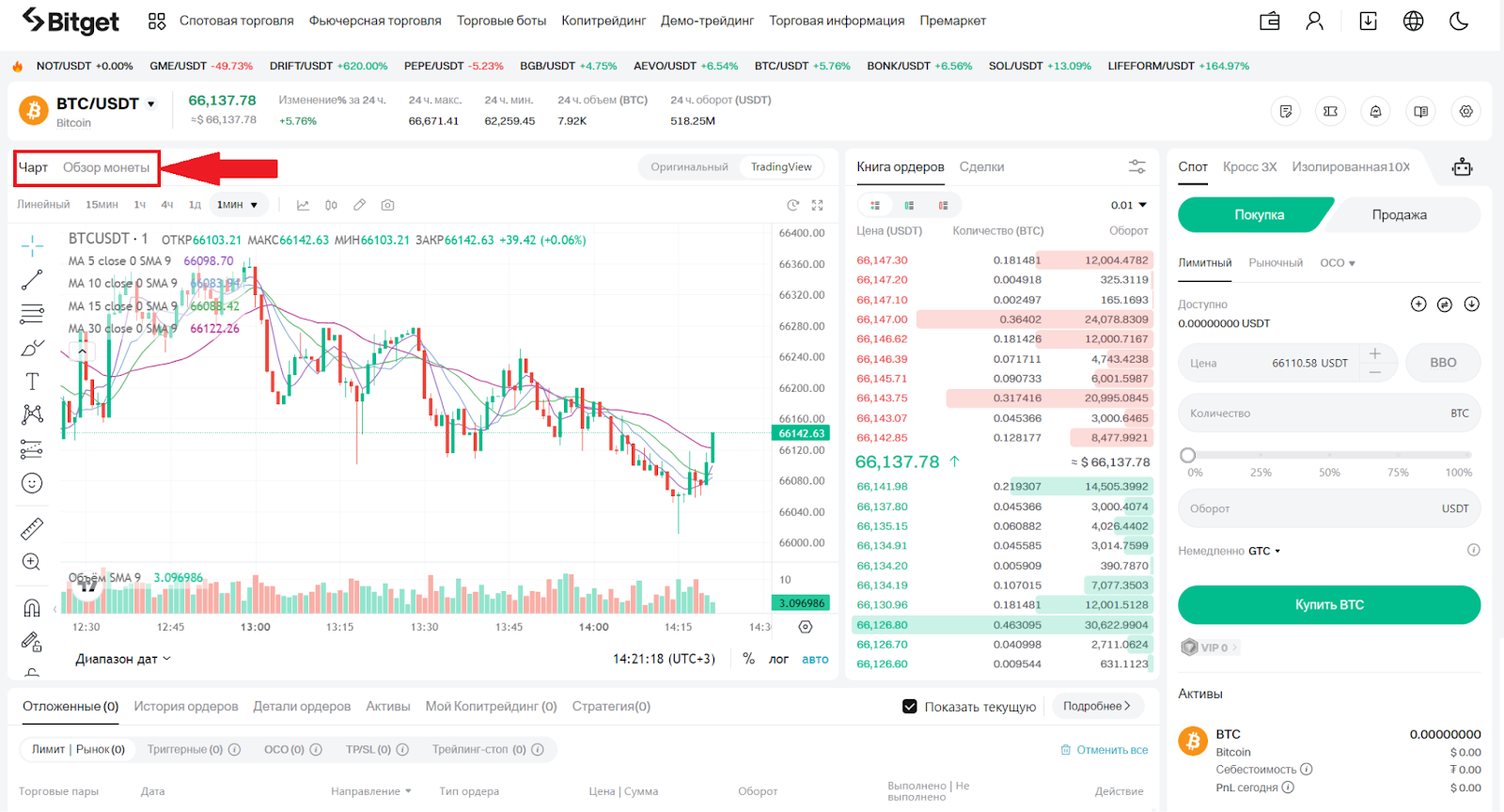 Веб-терминал для спотовой торговли Bitget. Чарт, обзор монеты