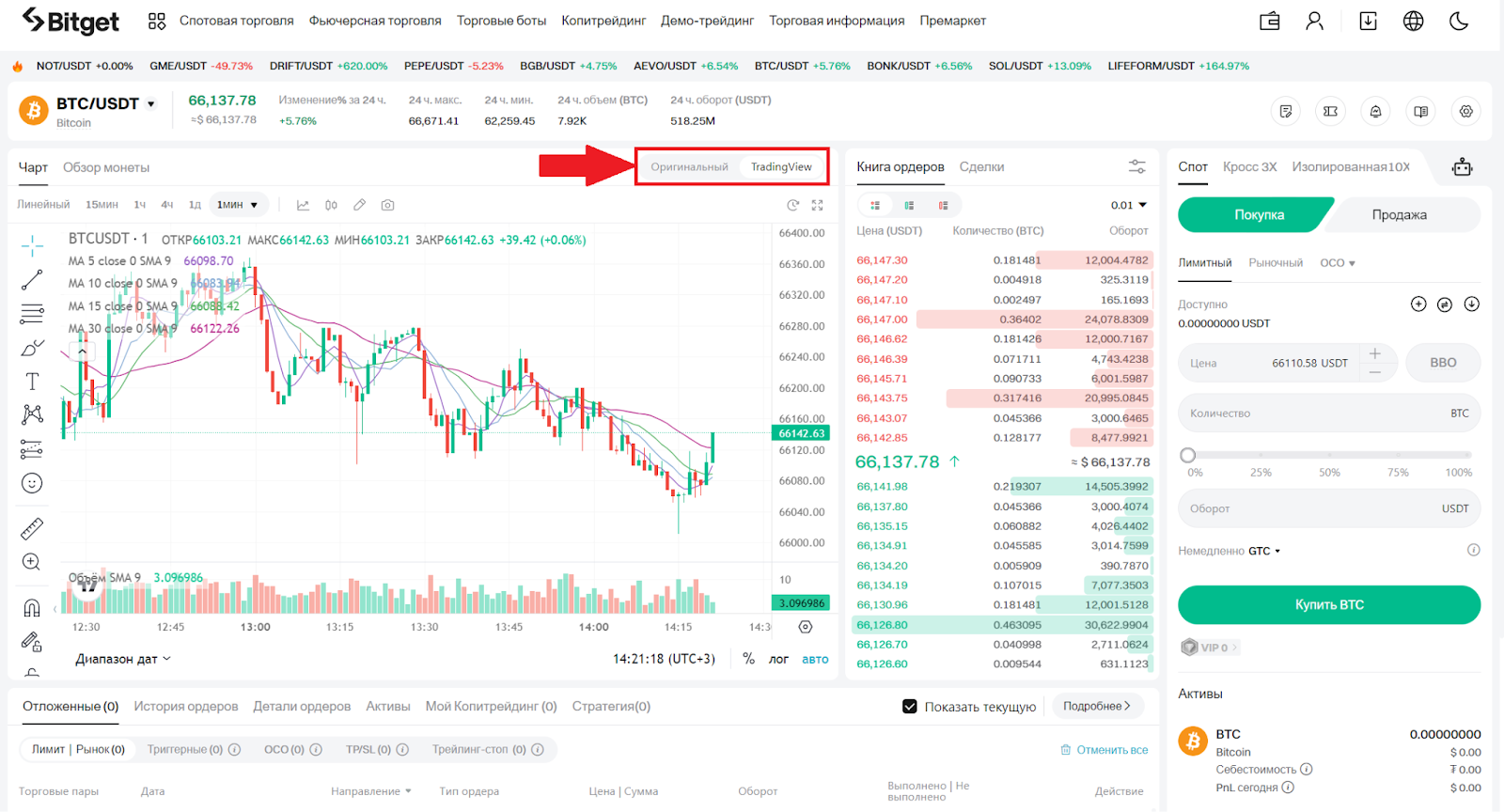 Веб-терминал для спотовой торговли Bitget. Типы графиков