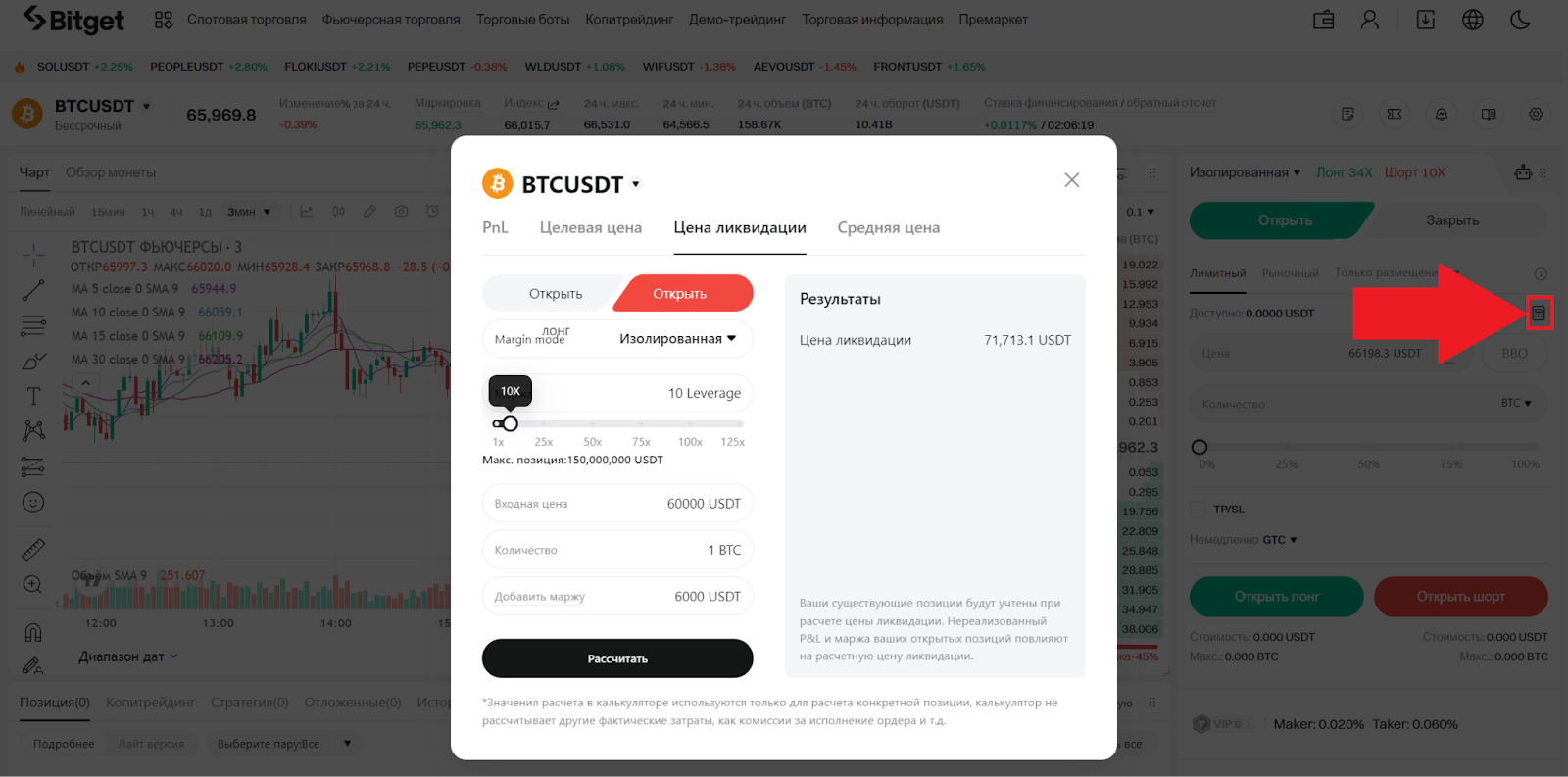 Веб-терминал для фьючерсной торговли Bitget. Калькулятор