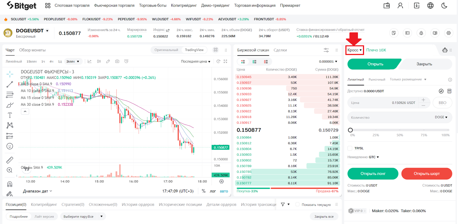Веб-терминал для фьючерсной торговли Bitget. Переход к настройке режима маржи