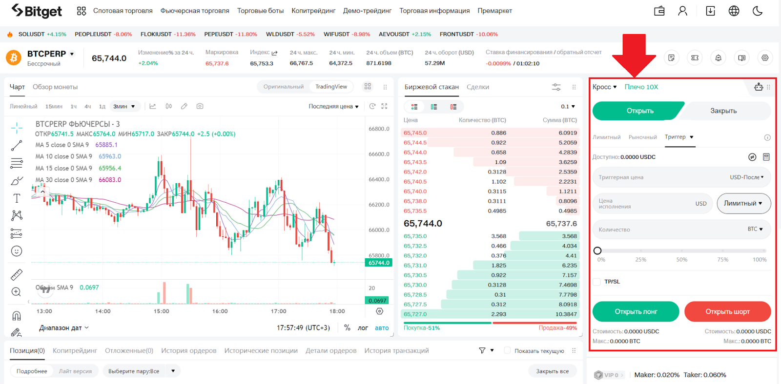 Веб-терминал для фьючерсной торговли Bitget. Контракты USDC-M. Торговый модуль