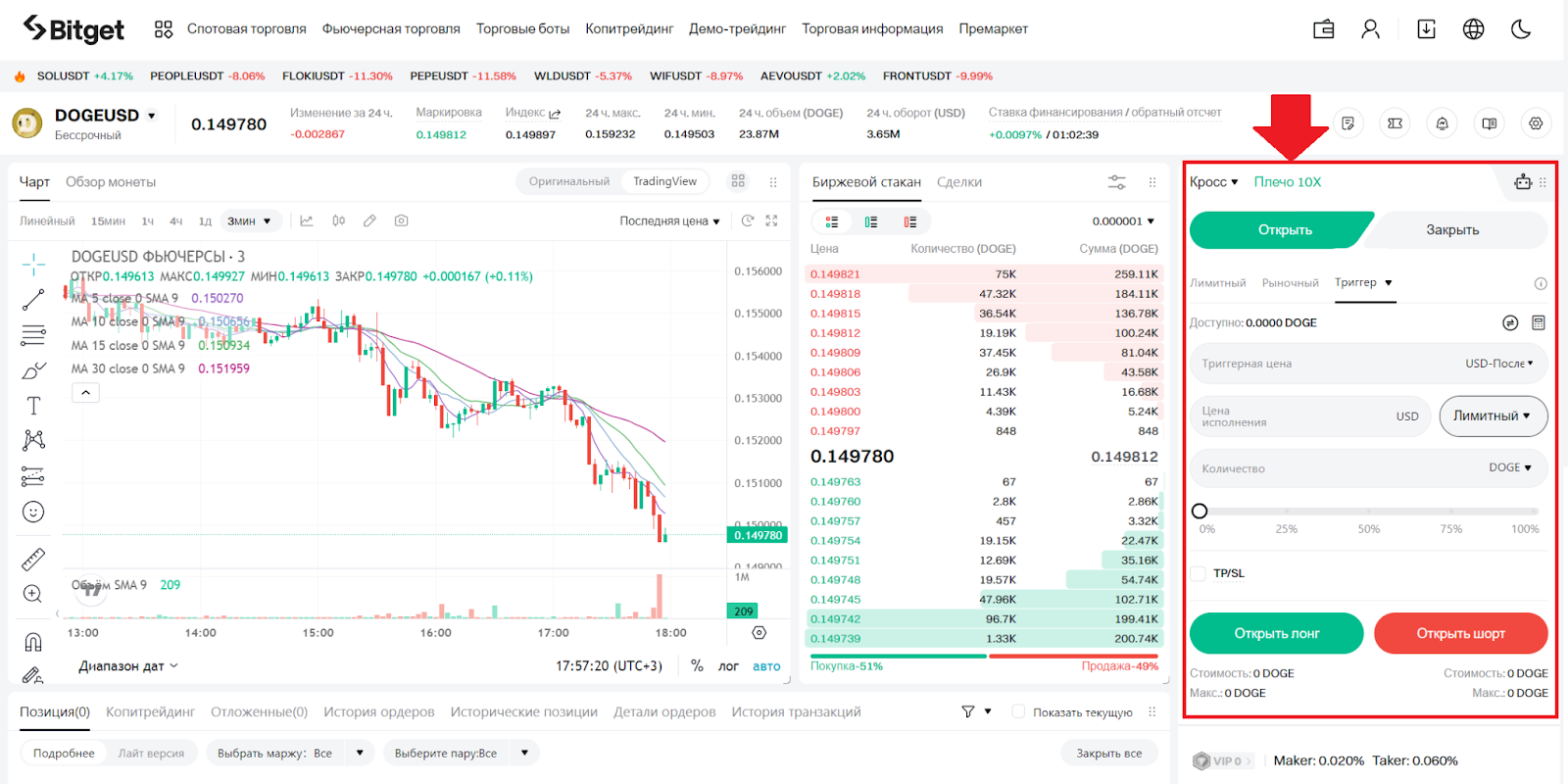 Веб-терминал для фьючерсной торговли Bitget. Бессрочные контракты COIN-M. Торговый модуль 