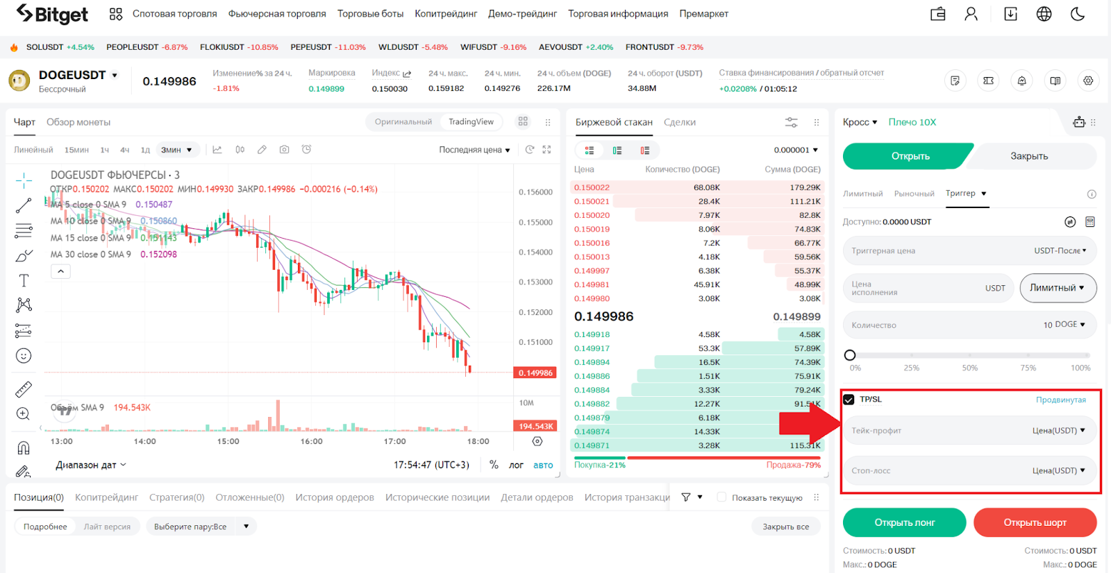 Веб-терминал для фьючерсной торговли Bitget. Тейк-профит, стоп-лосс