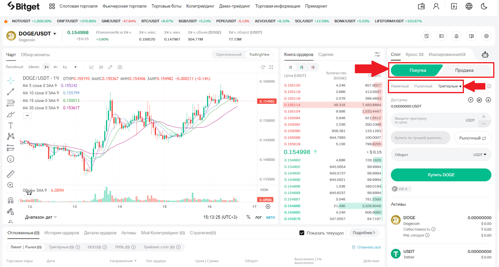 Веб-терминал для спотовой торговли Bitget. Направление сделки, тип ордера