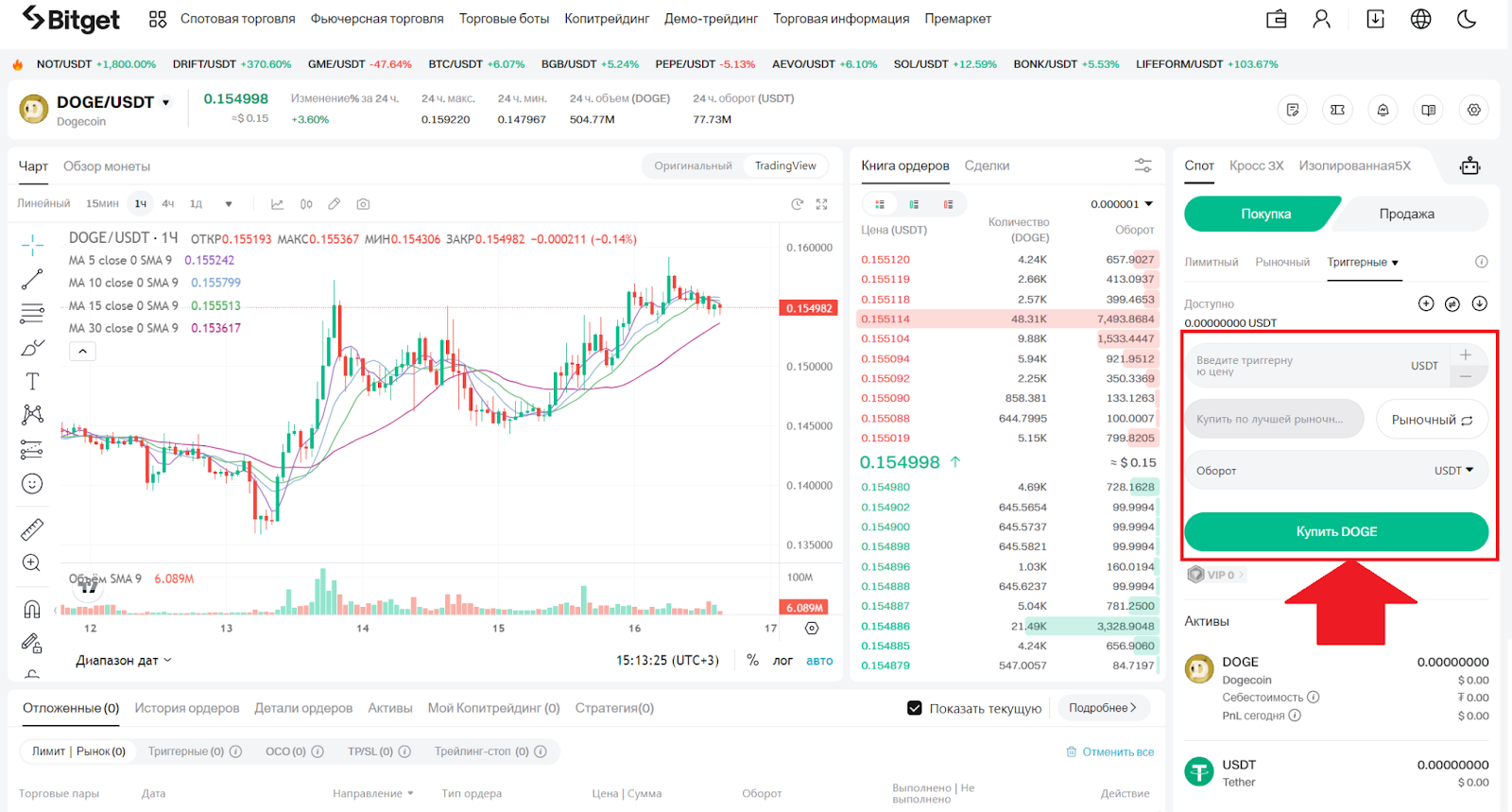 Веб-терминал для спотовой торговли Bitget. Объем позиции, цена