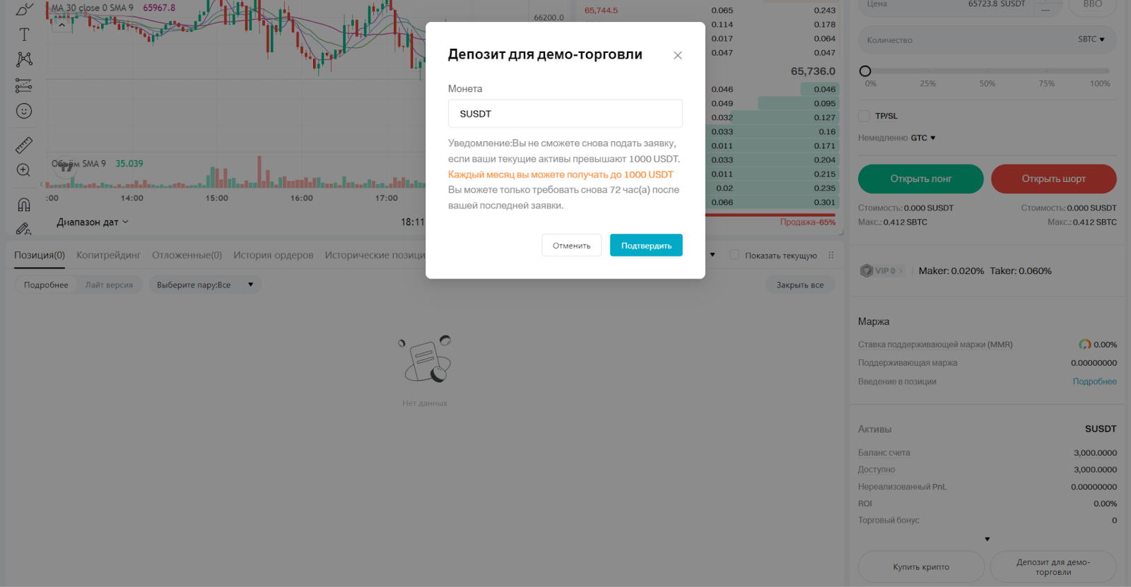 Веб-терминал для демо-торговли Bitget. Подтверждение пополнения демо-счета