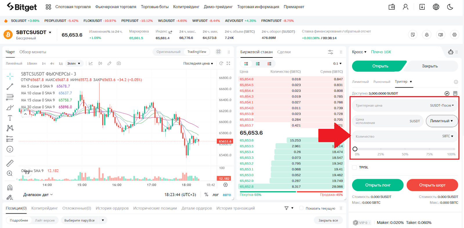 Веб-терминал для демо-торговли Bitget. Объем позиции, цена