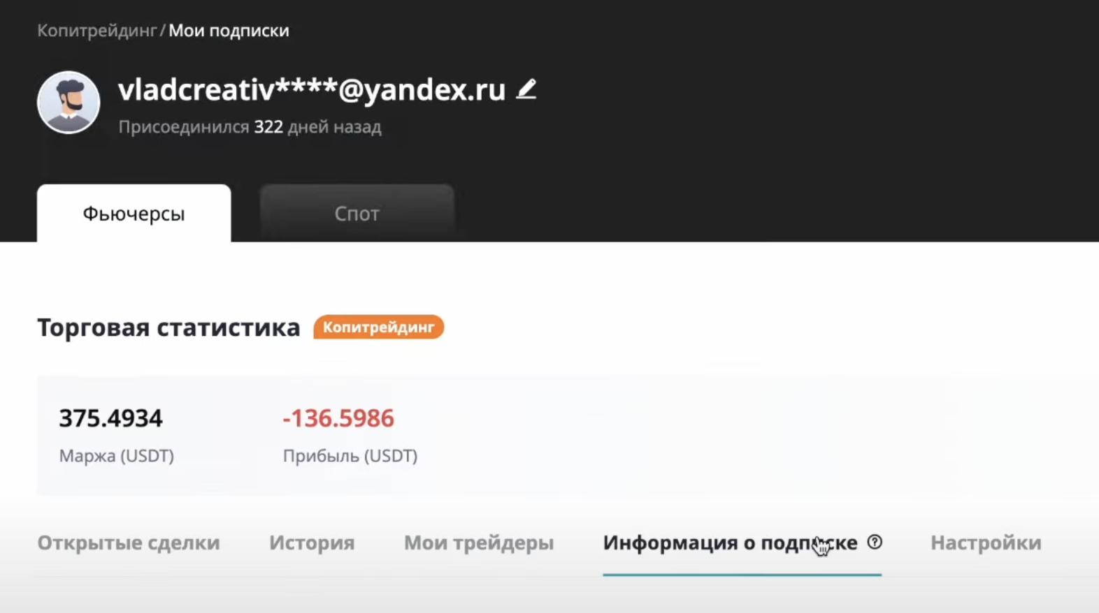 страница управления копитрейдингом на bitget