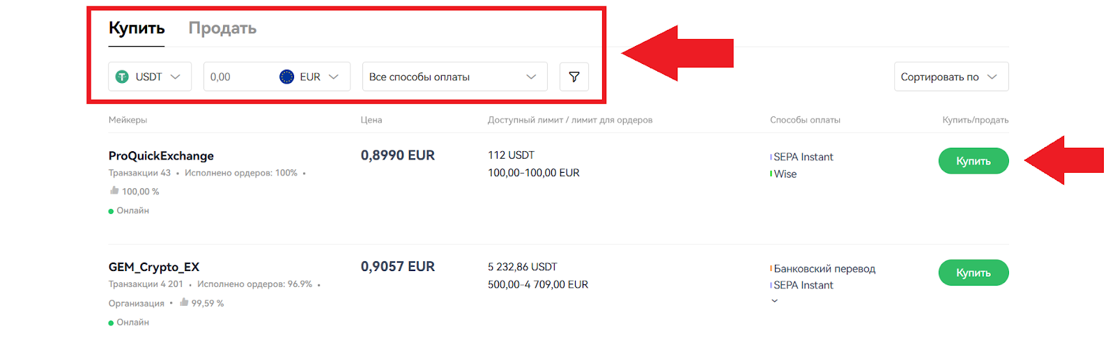 Как купить USDT P2P, OKX Биржа