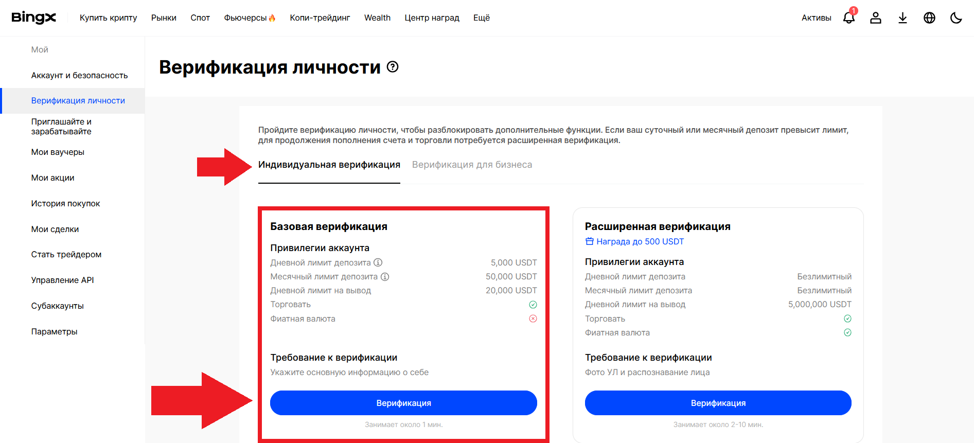 Как пройти базовую верификацию на бирже BingX, раздел верификации BingX