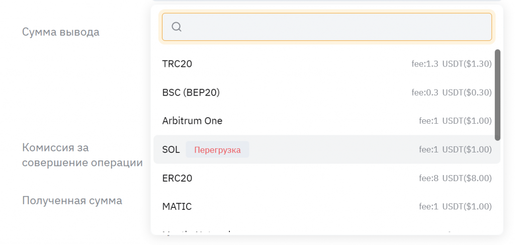 окно выбора блокчейн-сети для перевода usdt с binance на bybit