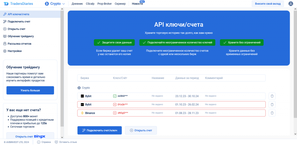 Добавление ключей, Дневник Трейдера