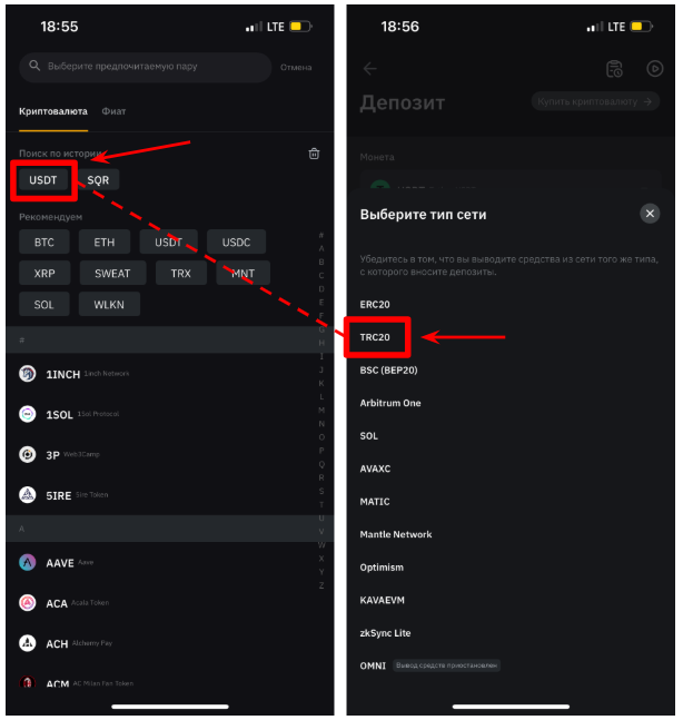 выбор криптовалюты и сети в приложении bybit для пополнения аккаунта