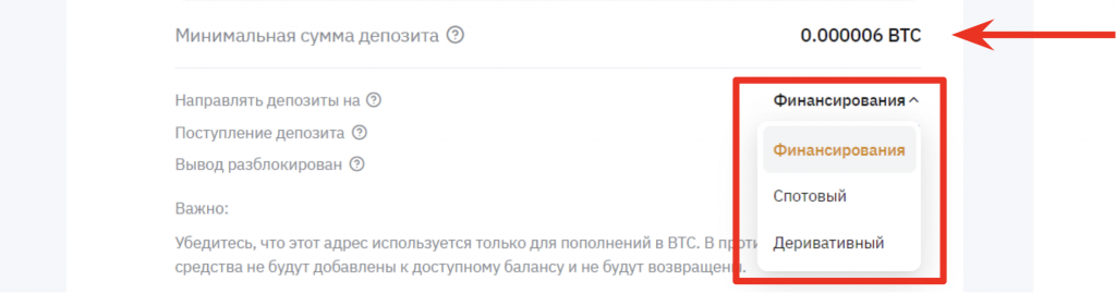 Кнопка выбора счета зачисления BTC на Bybit
