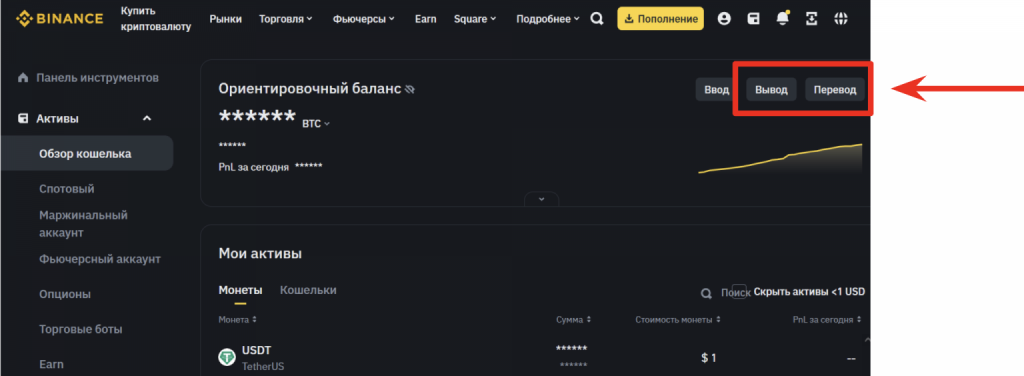 Страница баланса аккаунта на Binance