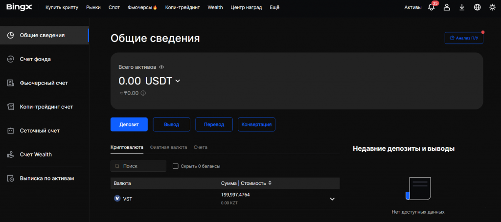 Баланс аккаунта на сайте BingX