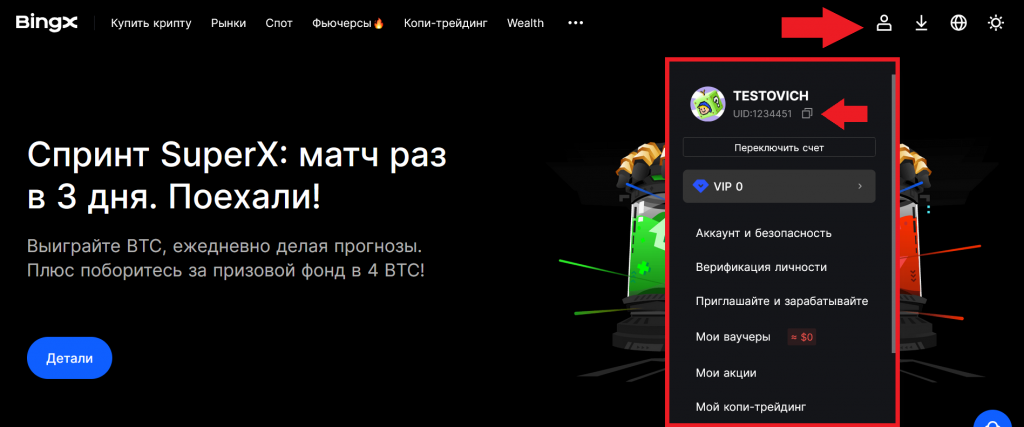 Узнать UID аккаунта BingX можно в пользовательском меню 