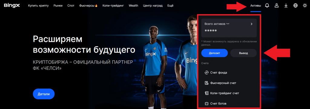 Меню "Активы" на сайте BingX