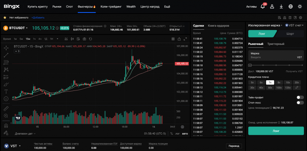 Веб-терминал для торговли стандартными фьючерсами в демо-режиме BingX