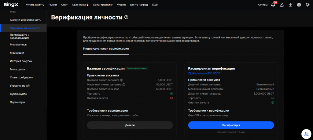 Страница верификации на бирже на BingX в России