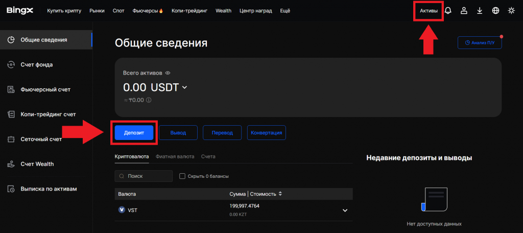 Кошелек пользователя на сайте BingX