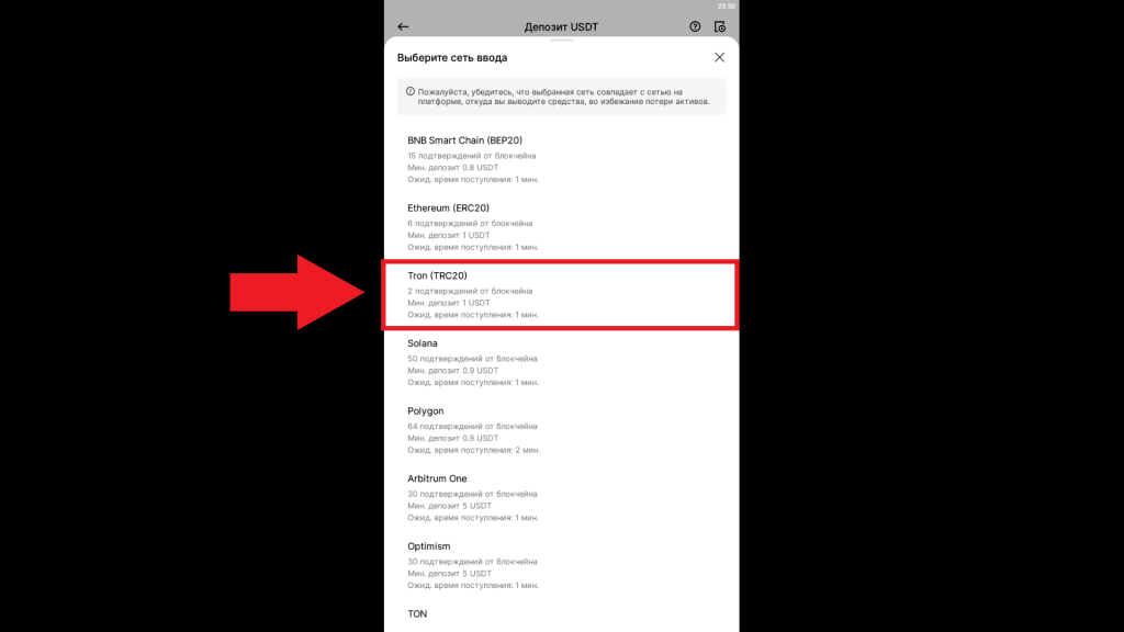 Выбор блокчейн-сети для пополнения аккаунта BingX криптовалютой