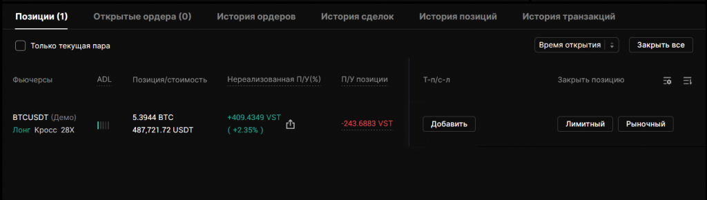 Таблица позиции – инструмент BingX для усреднения позиции
