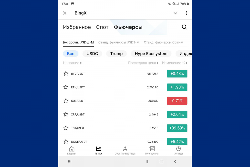 Раздел рынки в интерфейсе Telegram-бота BingX