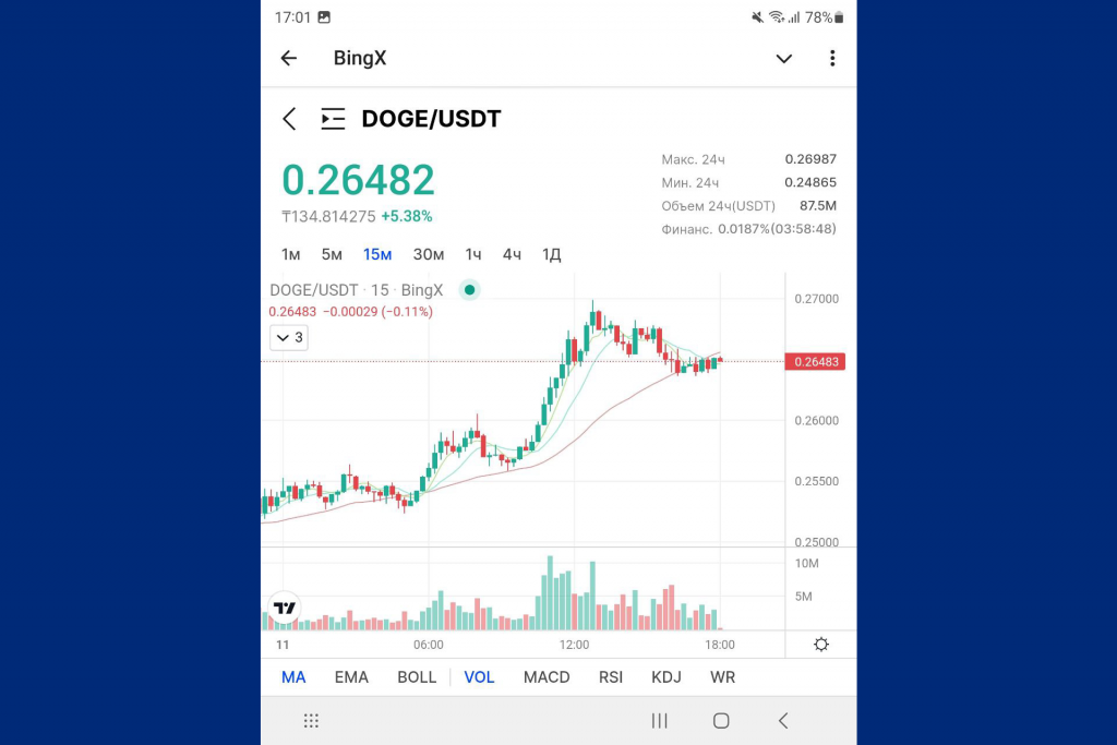 Страница спотовой пары DOGEUSDT в боте BingX